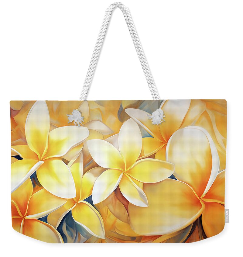 Tropical Weekender Tote Bag featuring the painting Frangipani Abstract by Jacky Gerritsen