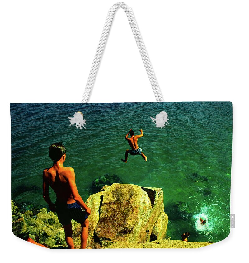 Cliff Diving Weekender Tote Bag featuring the photograph Free Fall - Cliff Jumping, Mediterranean, France by Earth And Spirit