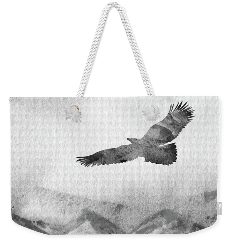 Eagle Hawk Bird Weekender Tote Bag featuring the painting Free Flight Watercolor Silhouette Eagle Black White Gray by Irina Sztukowski