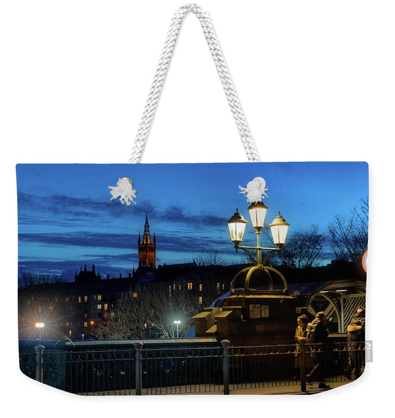 Cold Weekender Tote Bag featuring the photograph Freezing dusk on Kelvinbridge by Micah Offman