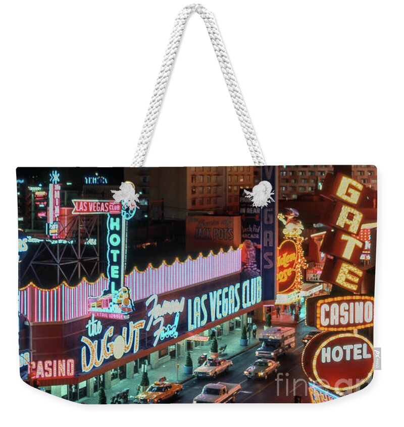 Las Vegas Club Weekender Tote Bag featuring the photograph Fremont Street Las Vegas Club The Mint Night Elevated 1975 by Aloha Art