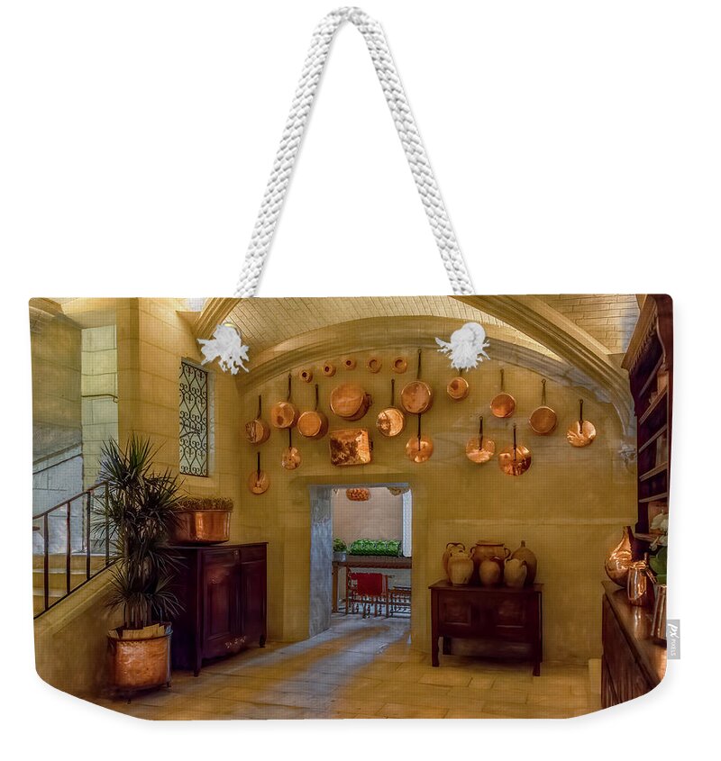 France Weekender Tote Bag featuring the photograph French Country Copper Kitchen by Marcy Wielfaert