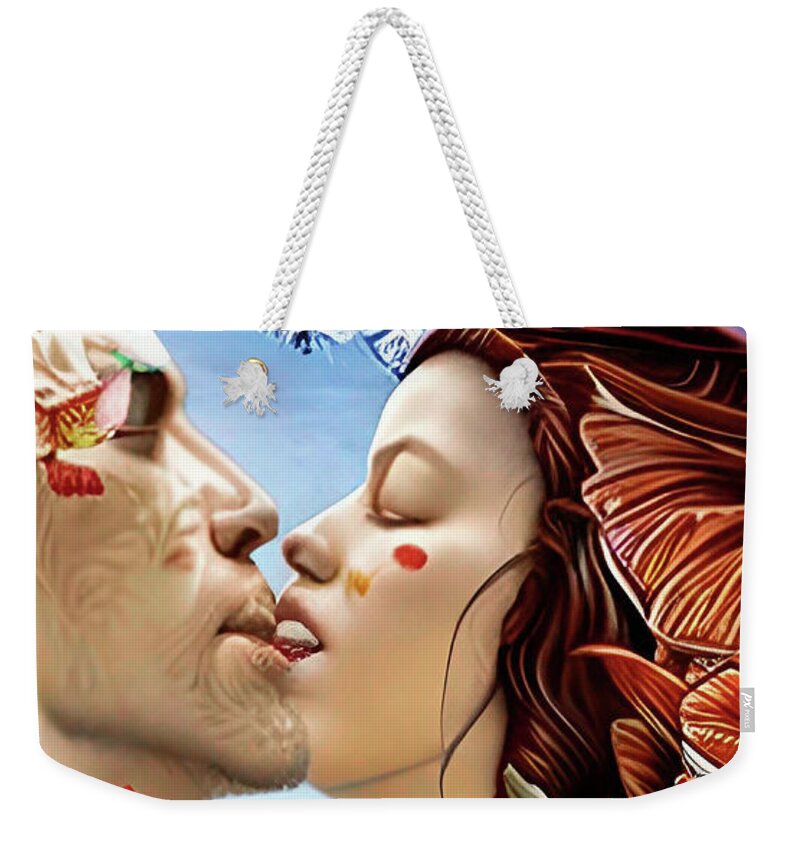 Portraits Weekender Tote Bag featuring the painting French Kissing On The Eiffel Tower by Rusty Gladdish