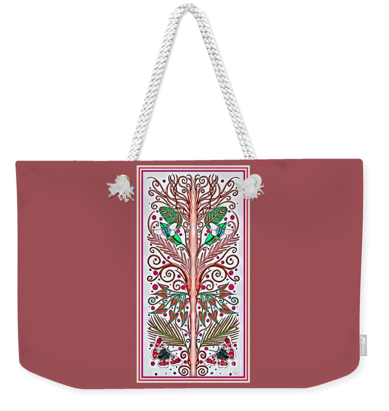 Tree Weekender Tote Bag featuring the mixed media French-style Tree with Red and Green Leaves with Butterflies by Lise Winne