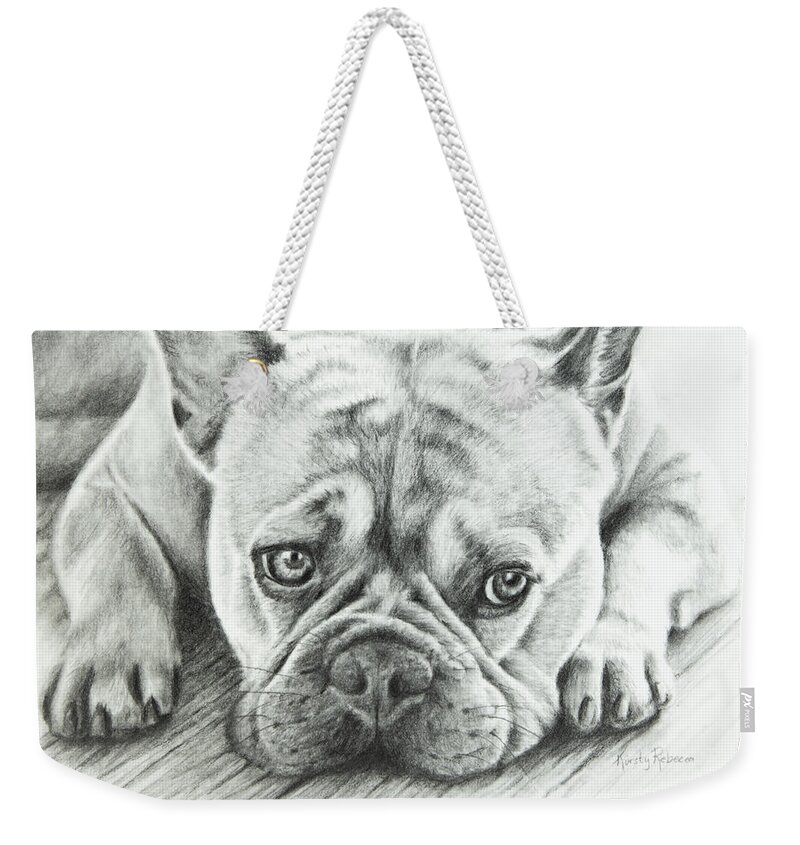 Bulldog Weekender Tote Bag featuring the drawing Frenchie by Kirsty Rebecca