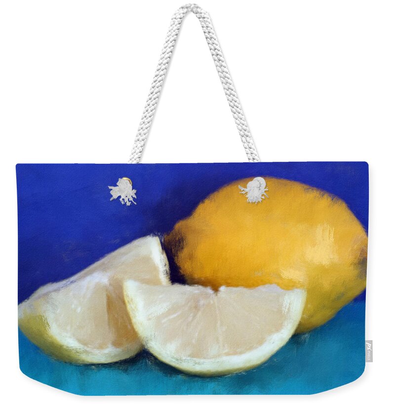 Fruit Weekender Tote Bag featuring the painting Fresh Lemons- Colorful Art by Linda Woods by Linda Woods