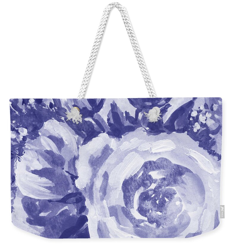 Flowers Weekender Tote Bag featuring the painting Fresh Monochrome Flowers In Purple Blue Very Peri Modern Interior Design VI by Irina Sztukowski