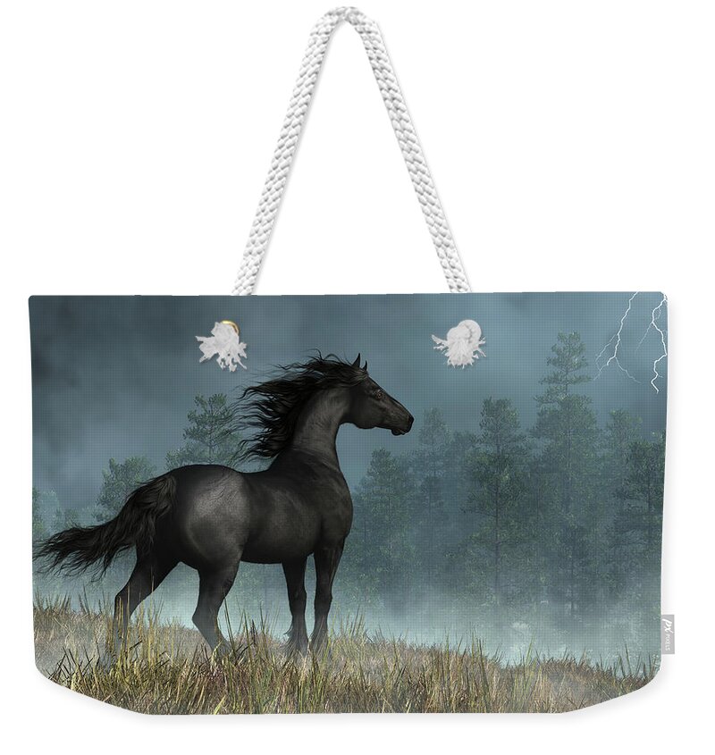 Friesian Horse And Approaching Storm Weekender Tote Bag featuring the digital art Friesian Horse and Approaching Storm by Daniel Eskridge
