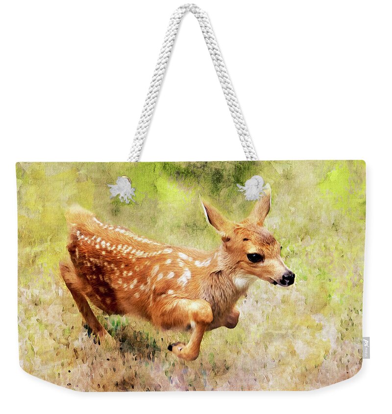 Fawns Weekender Tote Bag featuring the photograph Frisky Fawn Watercolor by Peggy Collins