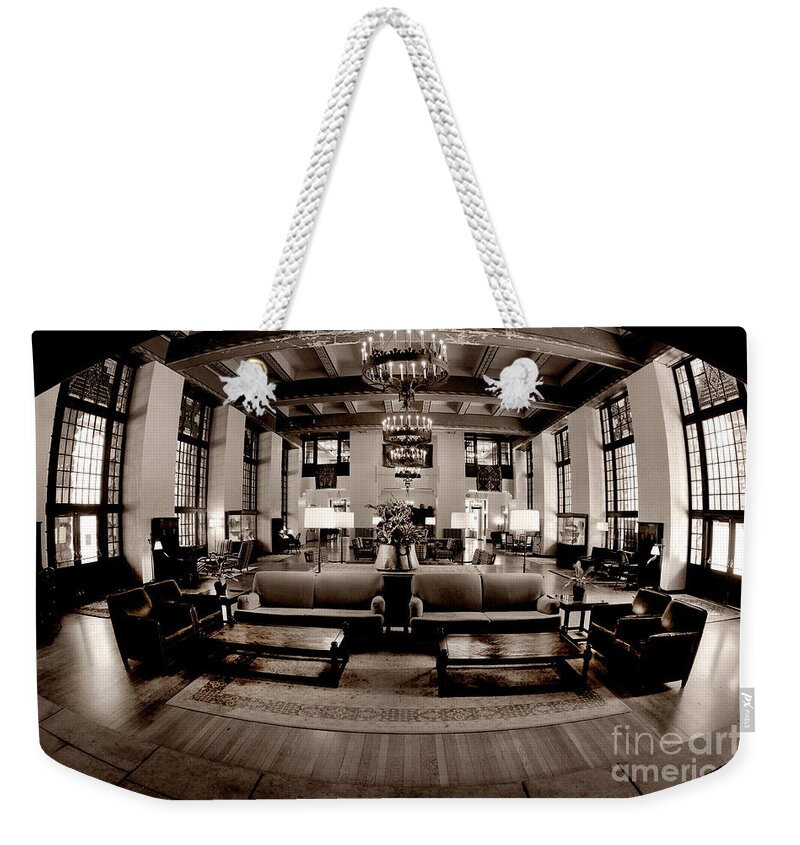 The Ahwahnee Hotel Yosemite Weekender Tote Bag featuring the photograph From Fireplace View The Ahwahnee Hotel Yosemite Sepia by Blake Richards