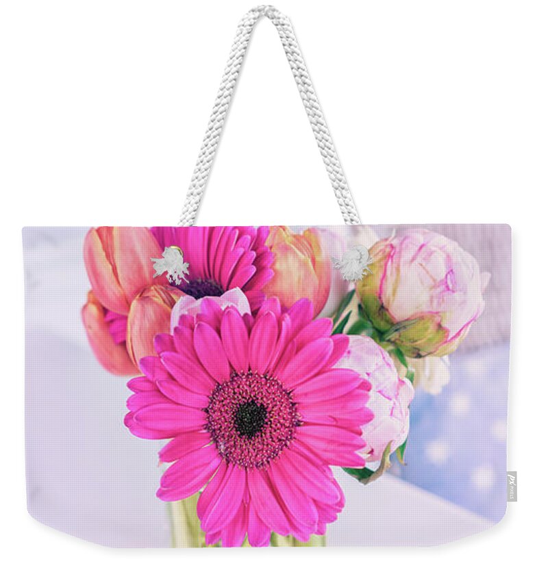 Gerbera Daisy Weekender Tote Bag featuring the photograph Front Porch Flowers 2 by Marianne Campolongo