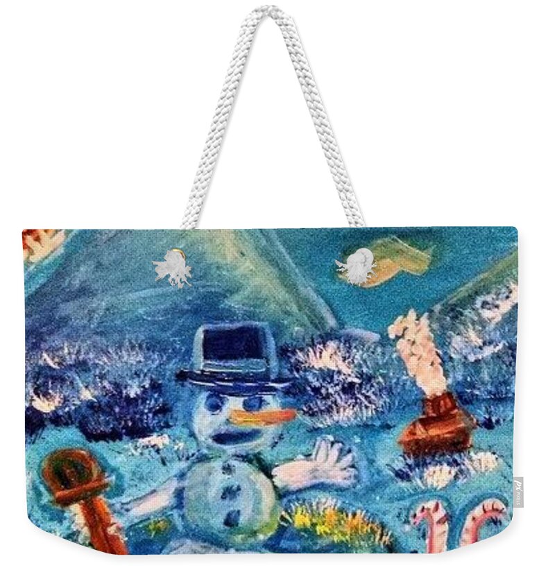 Whimsical Weekender Tote Bag featuring the painting Frosty Reception by Andrew Blitman