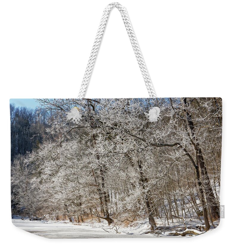 Winter Weekender Tote Bag featuring the photograph Frosty trees at Falling Spring Mill by Robert Charity