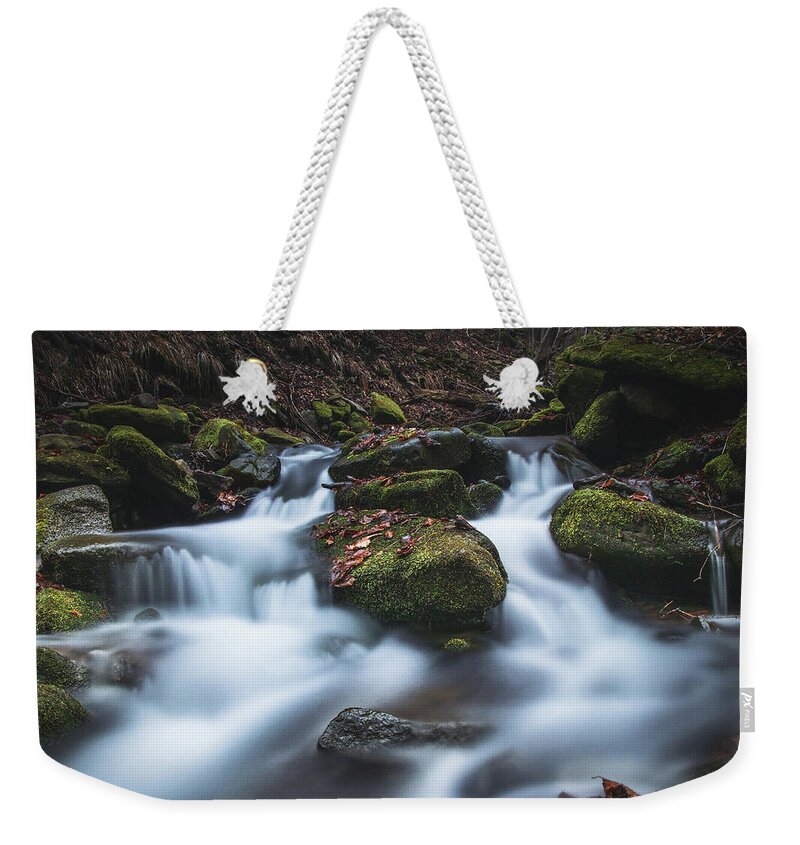 Splash Weekender Tote Bag featuring the photograph Frosty waterfall Tosanovsky in autumn colours by Vaclav Sonnek