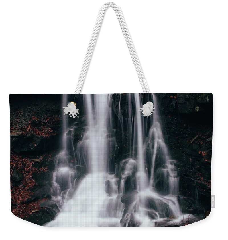 Splash Weekender Tote Bag featuring the photograph Frosty waterfall Tosanovsky in Czech republic by Vaclav Sonnek