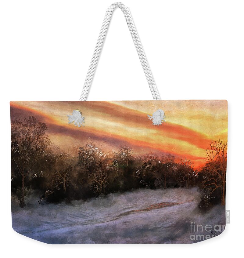 Winter Weekender Tote Bag featuring the digital art Frozen Sunset by Lois Bryan