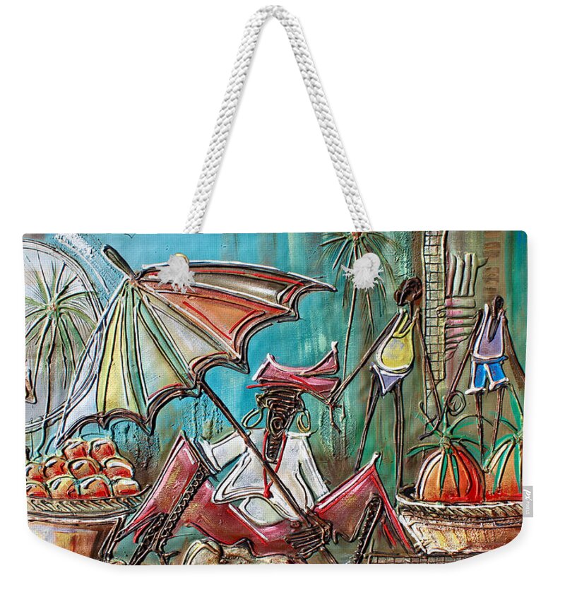 Africa Weekender Tote Bag featuring the painting Fruit Seller by Paul Gbolade Omidiran