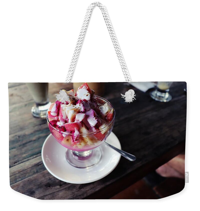 Fruit Weekender Tote Bag featuring the digital art Fruity dessert with white cream by Worldvibes1