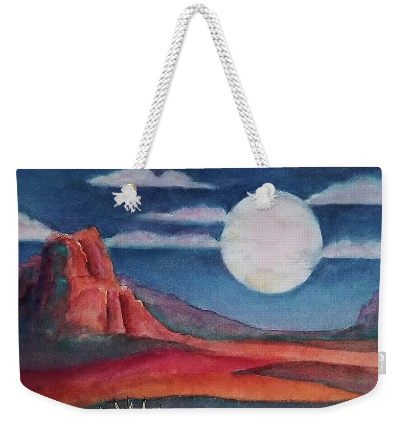 Landscape Weekender Tote Bag featuring the mixed media Full Desert Moon by Terry Ann Morris