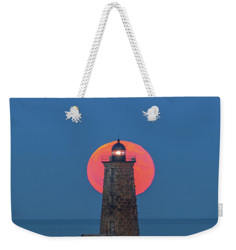 Whaleback Light Weekender Tote Bag featuring the photograph Full Moon over Whaleback Light by Juergen Roth