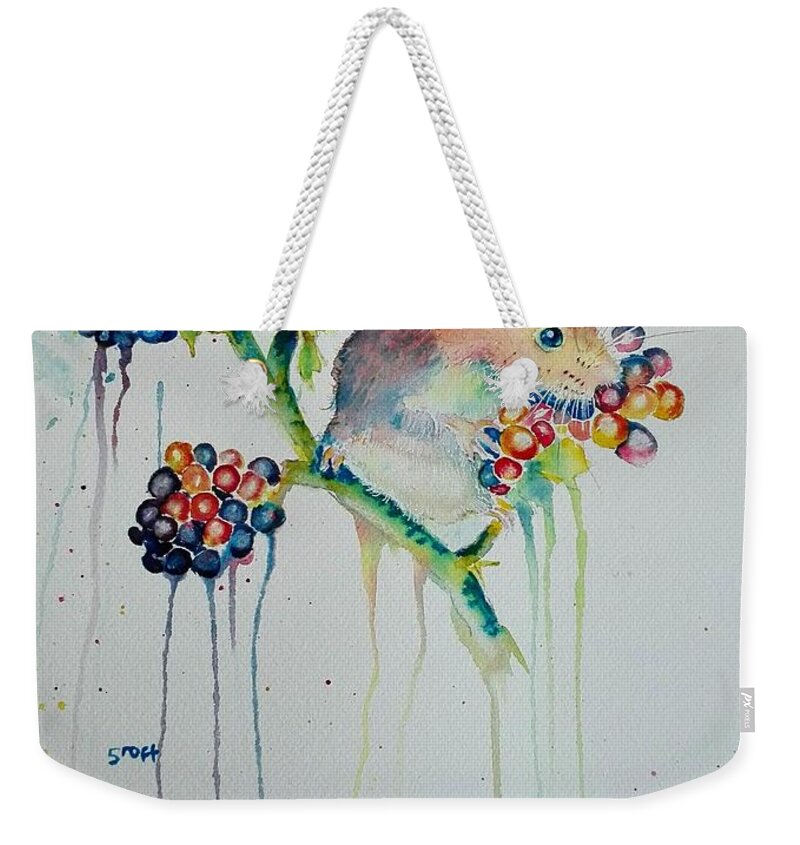 Mouse Weekender Tote Bag featuring the painting Funky Harvest Mouse by Sandie Croft
