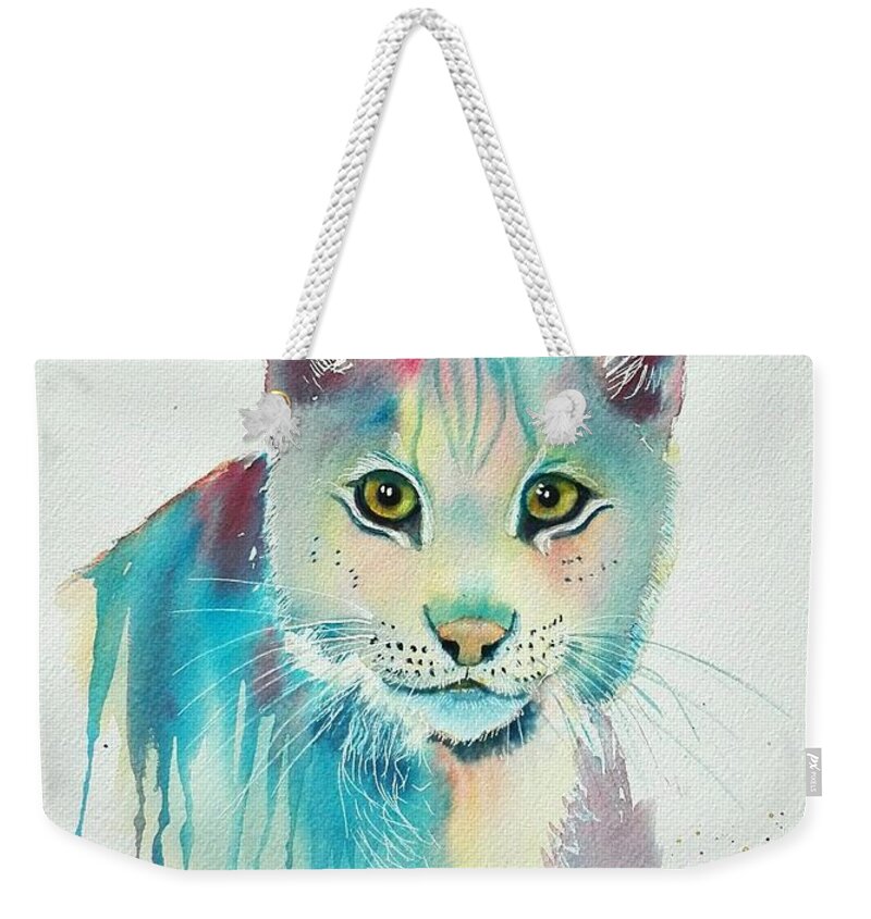 Lynx Cat Weekender Tote Bag featuring the painting Funky Lynx 2 by Sandie Croft