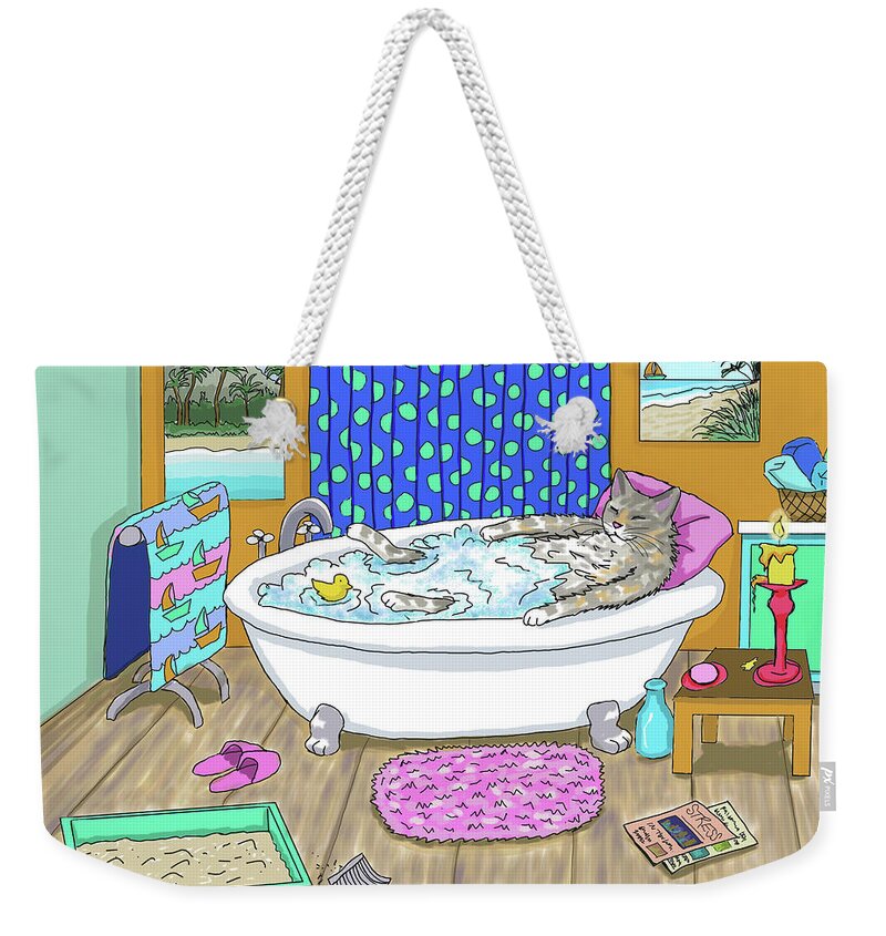 Cat Weekender Tote Bag featuring the digital art Funny Cat in Bath Cat 665 by Lucie Dumas