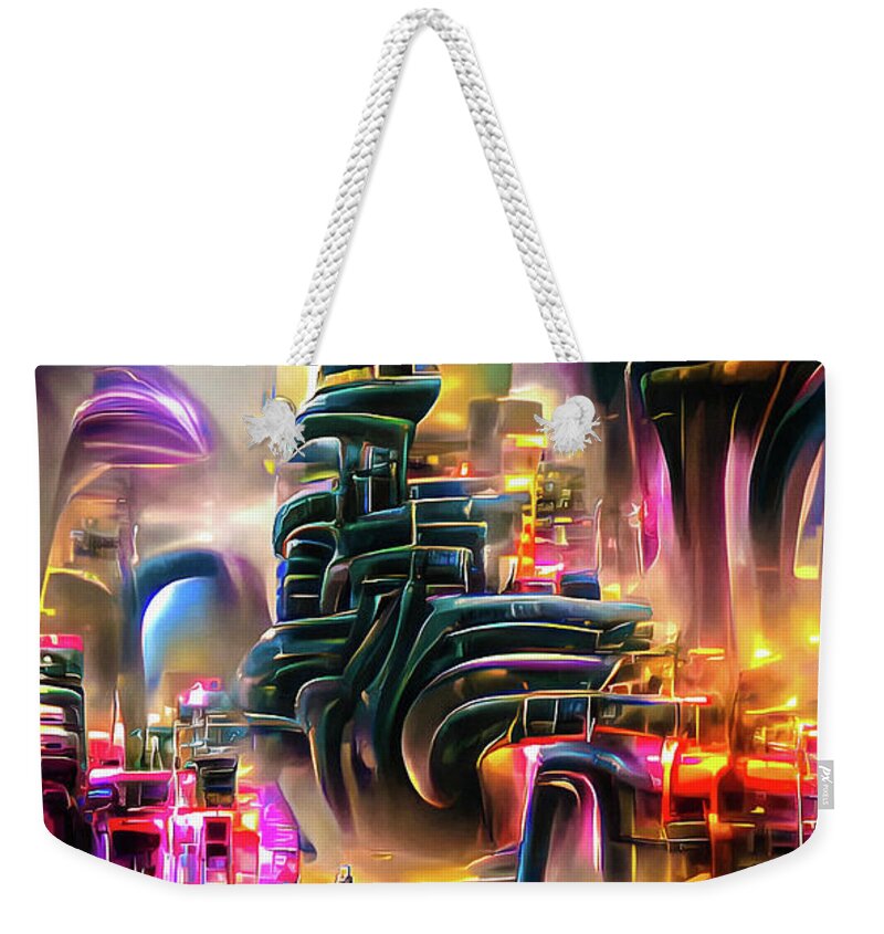 Futuristic Weekender Tote Bag featuring the digital art Futuristic Megapolis Architecture 02 Glowing Lights by Matthias Hauser