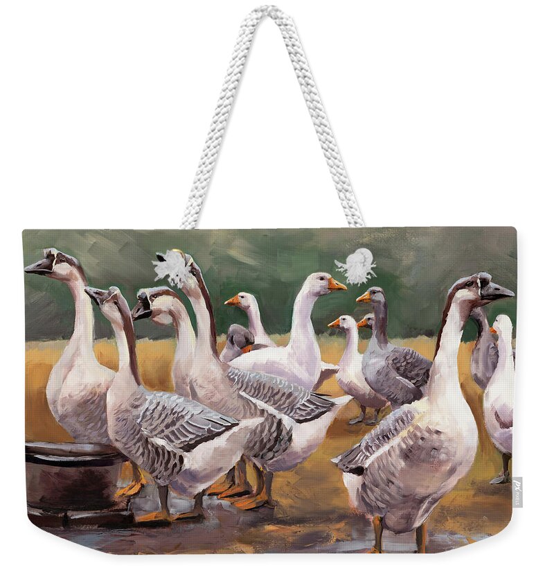 Geese Weekender Tote Bag featuring the painting Gaggle by the Water Bucket by Jordan Henderson