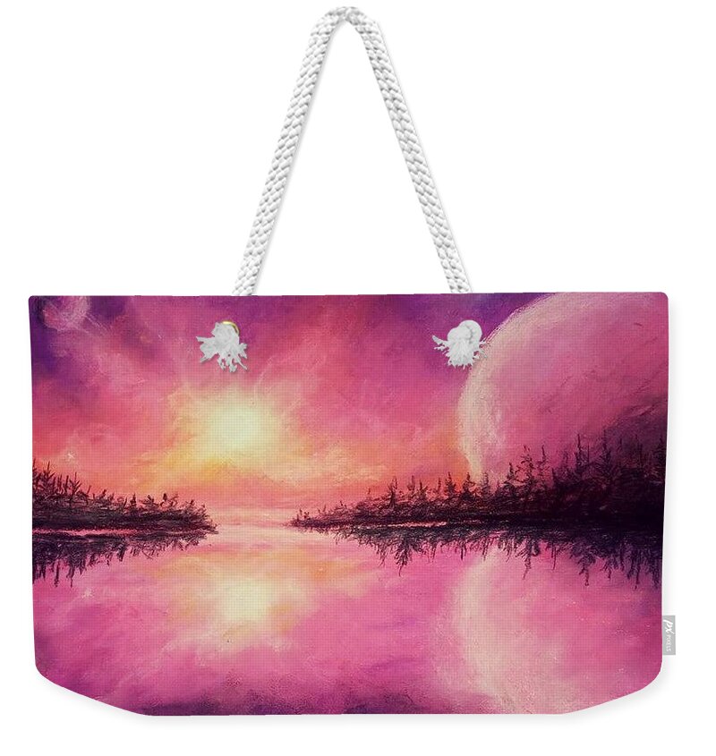 Chromatic Sunset Weekender Tote Bag featuring the painting Galactic Skies by Jen Shearer