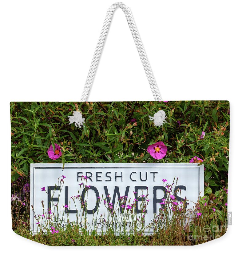 Flowers Weekender Tote Bag featuring the photograph Garden flowers with fresh cut flower sign 0711 by Simon Bratt