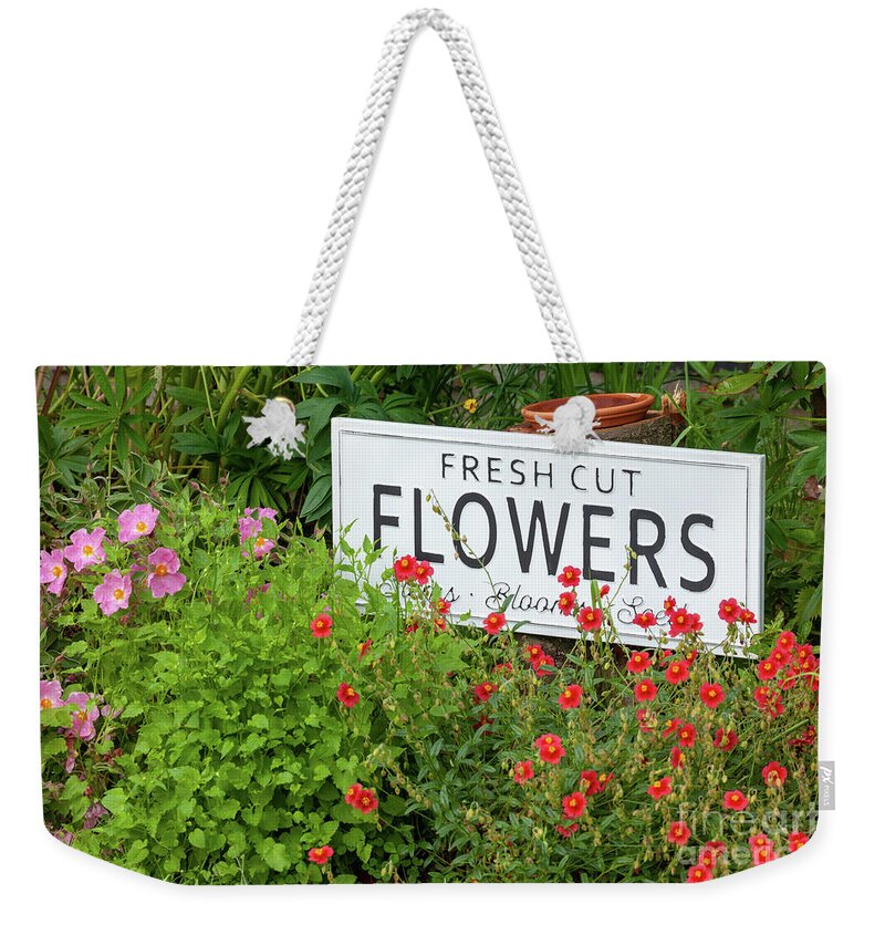 Flowers Weekender Tote Bag featuring the photograph Garden flowers with fresh cut flower sign 0735 by Simon Bratt