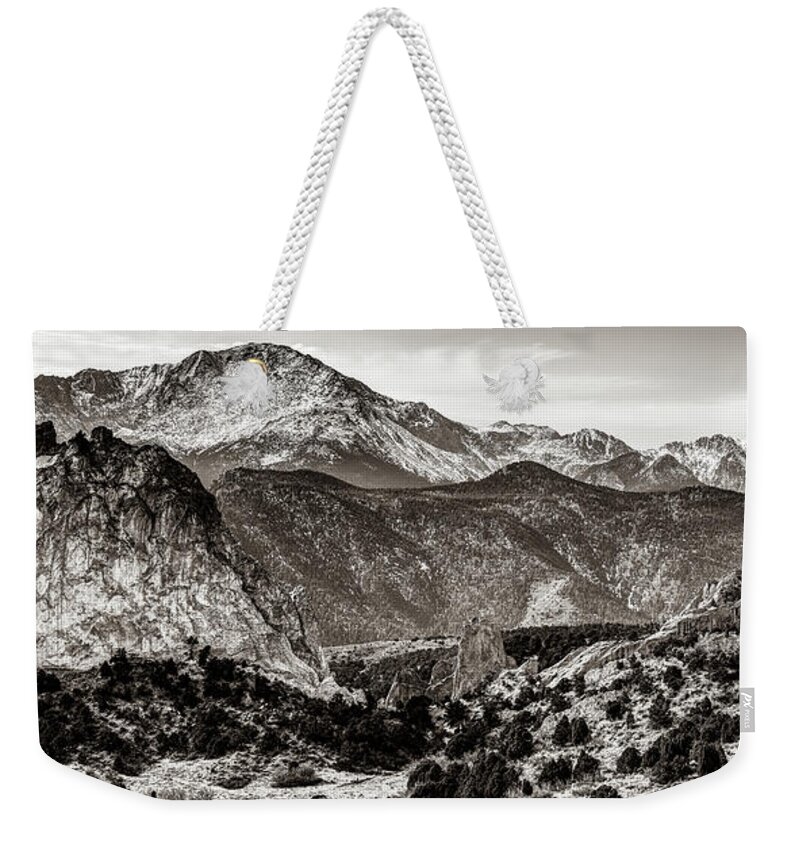 American Landscape Weekender Tote Bag featuring the photograph Garden of the Gods and Pikes Peak Rustic Sepia Mountain Landscape by Gregory Ballos