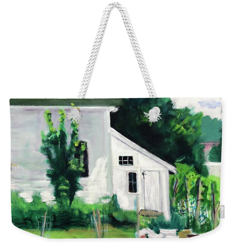 Home Town Weekender Tote Bag featuring the painting Garden Shed by Cyndie Katz