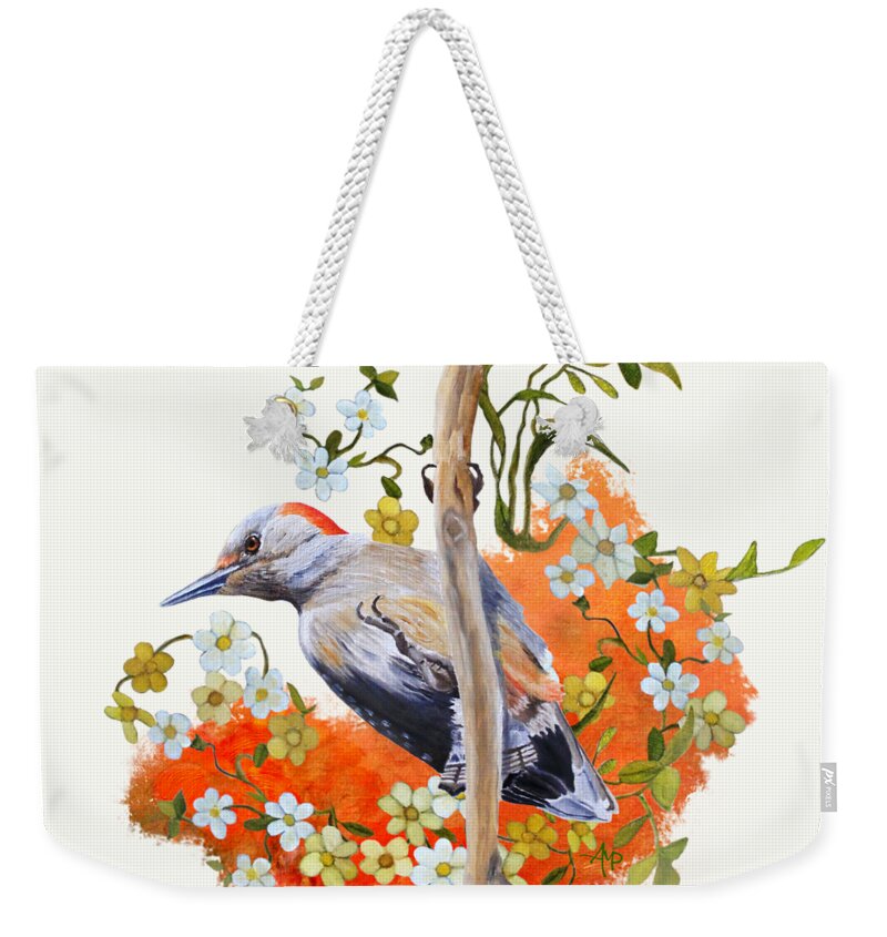 Woodpecker Weekender Tote Bag featuring the painting Gardenwatch Woodpecker by Angeles M Pomata
