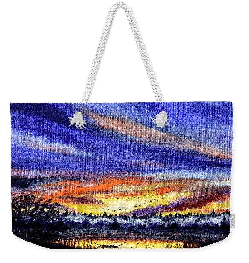 Corvallis Weekender Tote Bag featuring the painting Geese Over a Wetlands Pond at Sunrise by Laura Iverson