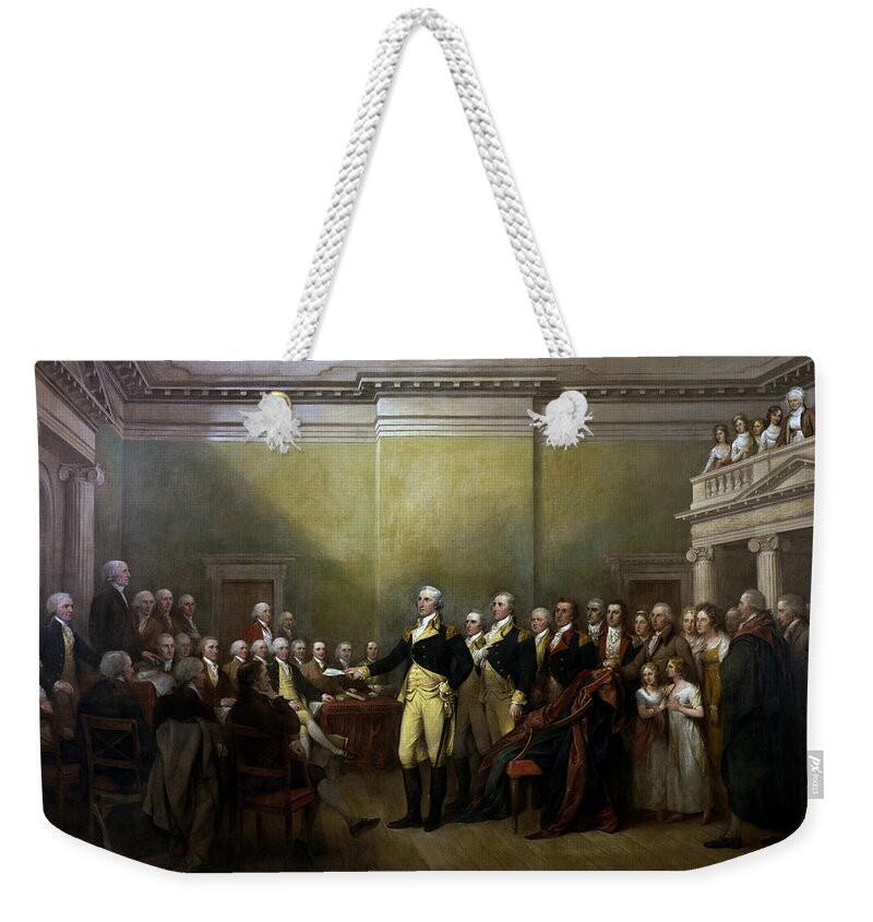 George Washington Weekender Tote Bag featuring the painting General Washington Resigning His Commission by War Is Hell Store