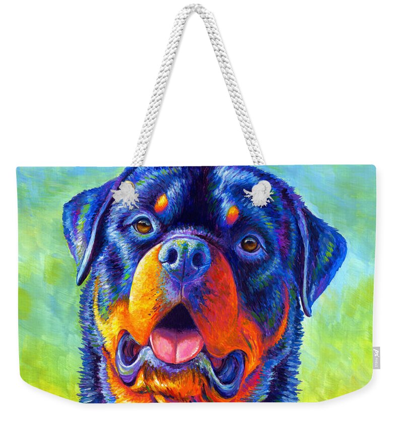 Rottweiler Weekender Tote Bag featuring the painting Gentle Guardian Colorful Rottweiler Dog by Rebecca Wang