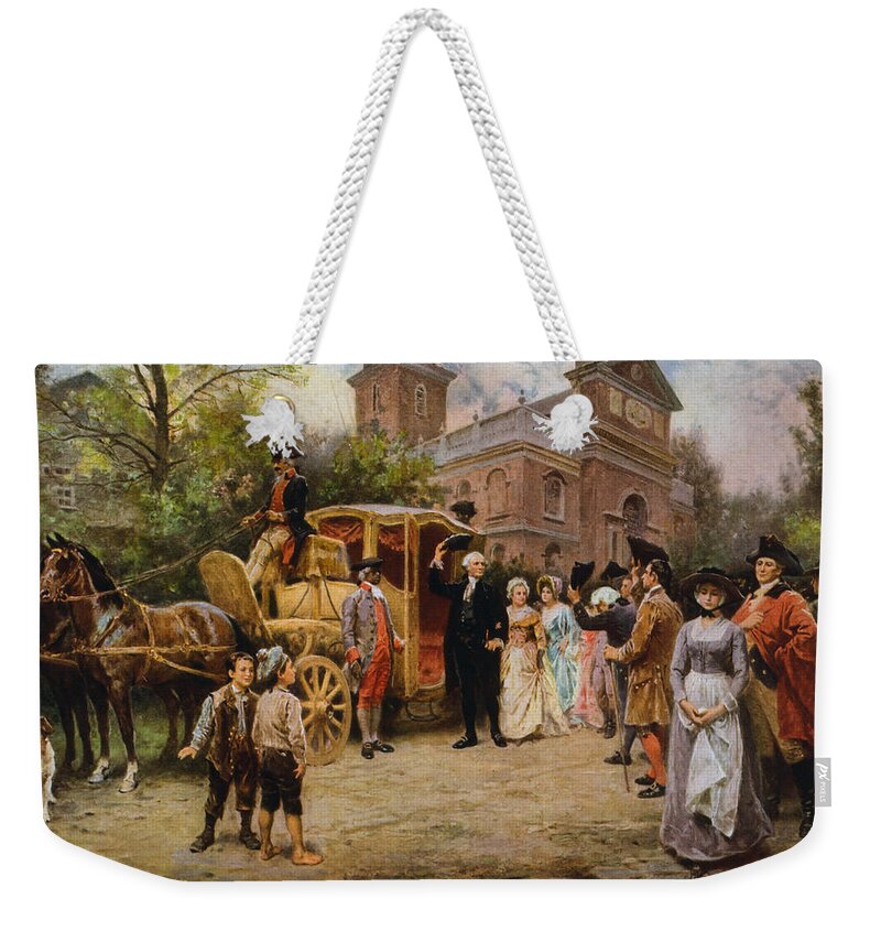George Washington Weekender Tote Bag featuring the painting George Washington arriving at Christ Church by War Is Hell Store