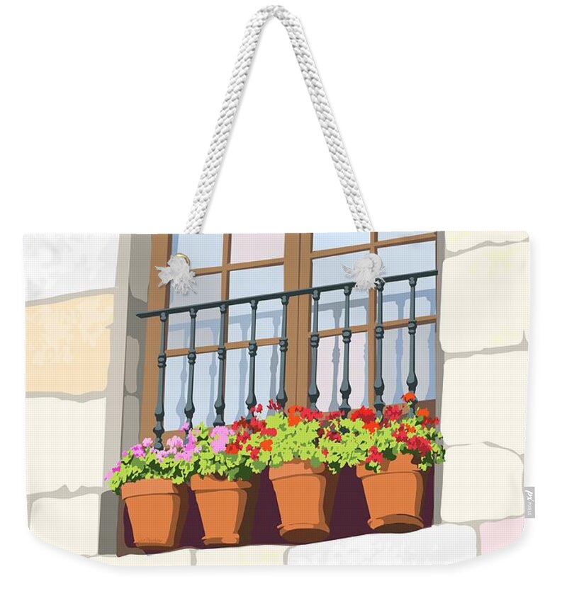 Flower Weekender Tote Bag featuring the digital art Geraniums at the Window by K M Pawelec