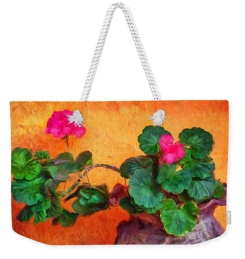 Geraniums Weekender Tote Bag featuring the photograph Geraniums in a clay pot still life painting by Tatiana Travelways