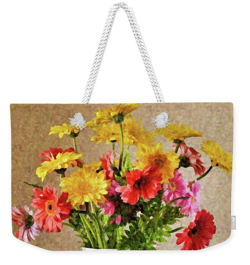 Flower Weekender Tote Bag featuring the digital art Gerbera Daisy Flowers in Vase Portrait by Gaby Ethington