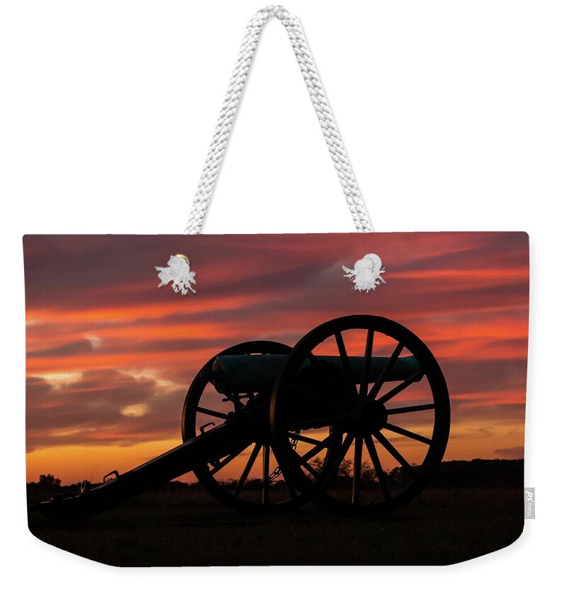 Cannons Weekender Tote Bag featuring the photograph Gettysburg - Cannon on Cemetery Ridge at First Light by Liza Eckardt