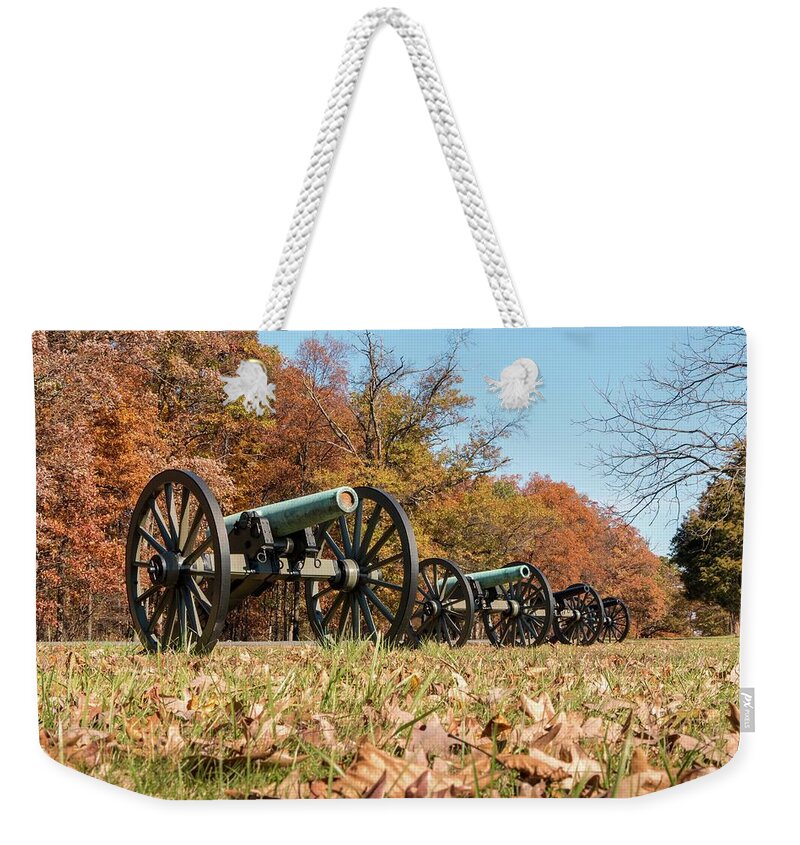 Autumn Weekender Tote Bag featuring the photograph Gettysburg - Cannons in a Row by Liza Eckardt