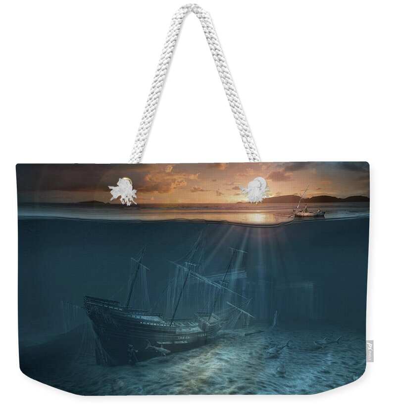 Legend Sunken Boats Wreck Romance Sea Weekender Tote Bag featuring the digital art Ghost ship series Pirate shipwreck by George Grie