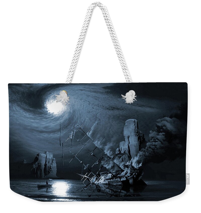 Legend Myth Saga Legend Boats Stories Fact Or Fiction Tall Tale Moonlight Vessel Yacht Phantom Flames Ocean Dark Examples Of Legends Examples Of Myths Weekender Tote Bag featuring the digital art Ghost ship series The birth of the legend by George Grie