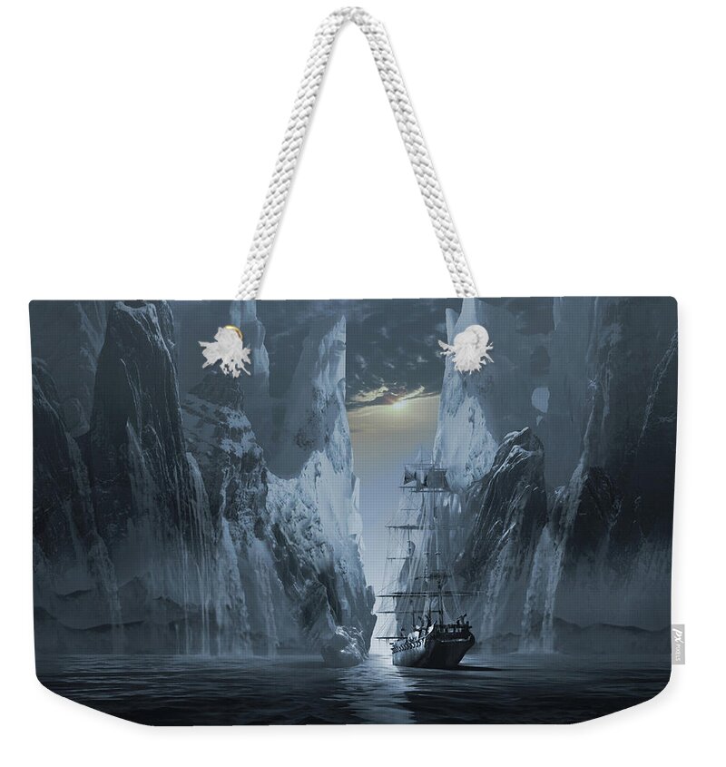 Iceberg Mountain Snow Arctic Ghost Ships Phantom Snowcaps Boat Supernatural Weekender Tote Bag featuring the digital art Ghost ship series The lost expedition by George Grie