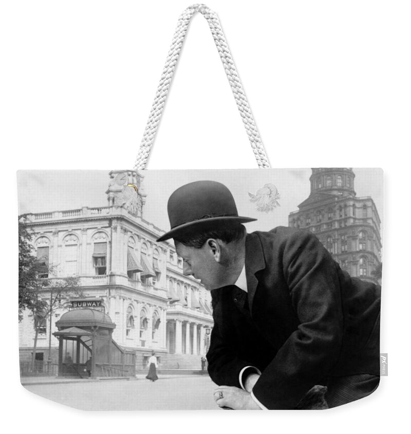 Illusion Weekender Tote Bag featuring the photograph Giant Man Looking At Subway Station - Vintage Photo Manipulation - Circa 1910 by War Is Hell Store