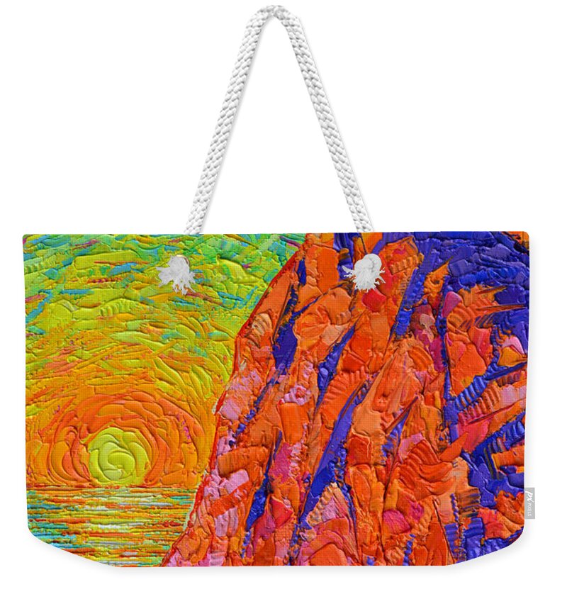 Gibraltar Weekender Tote Bag featuring the painting GIBRALTAR GLORIOUS SUNRISE abstract textural impasto palette knife oil painting Ana Maria Edulescu by Ana Maria Edulescu