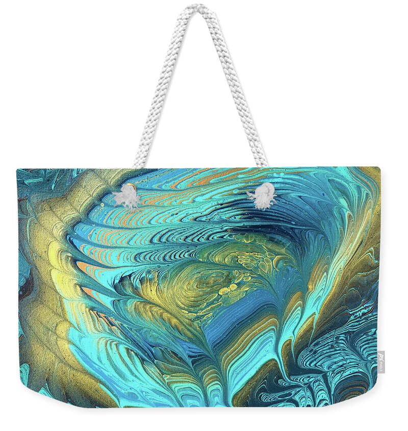 Poured Acrylic Weekender Tote Bag featuring the painting Gilded Nebula Nest by Lucy Arnold